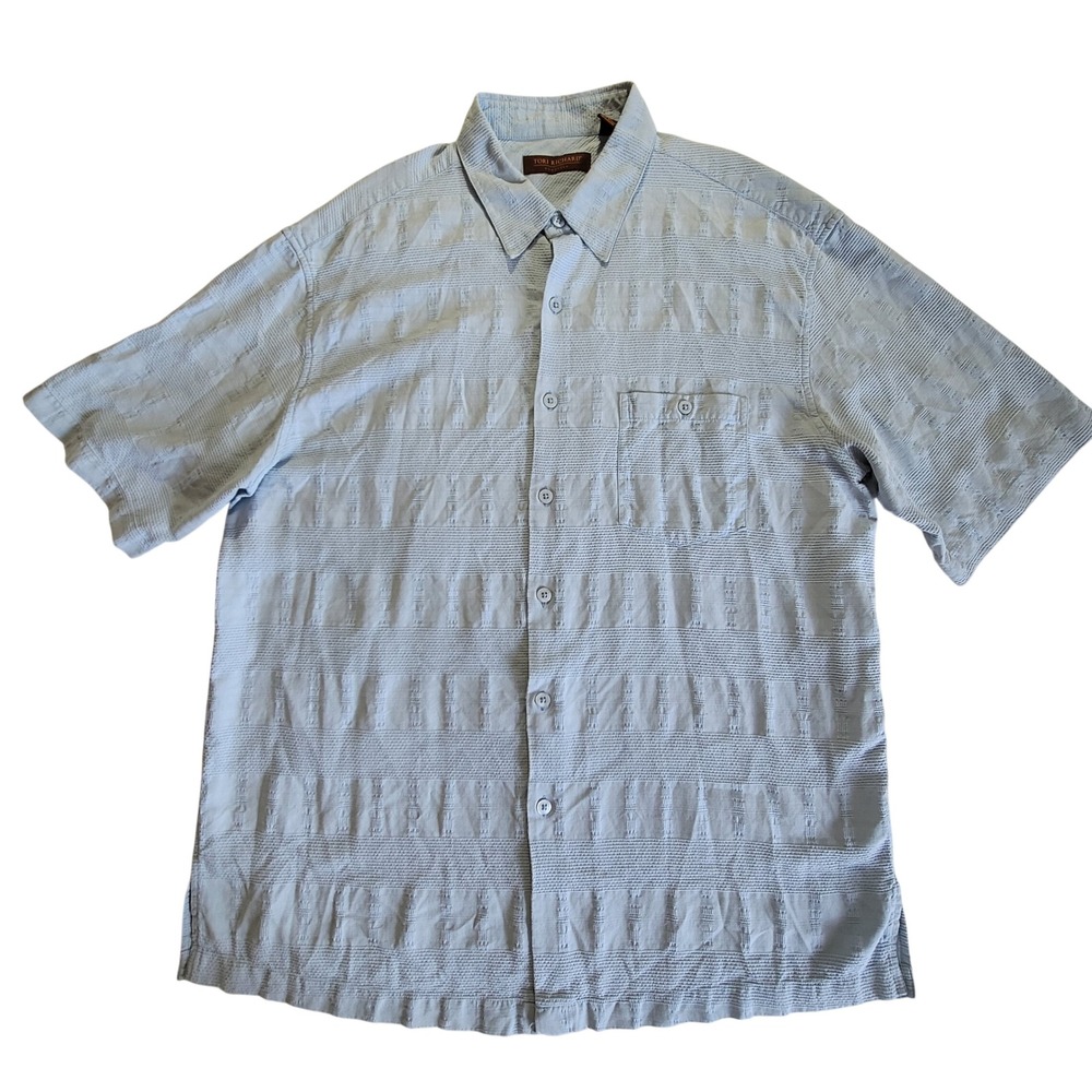 Tori Richard Button Down Shirt Mens XL Blue Silk Cotton Textured Jacquard S/S